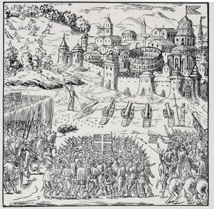 Godsdienstoorlogen: De stad Nîmes belegerd door het leger van de koning (Hendrik III) in 1576 - in Collection of 39 figures representing the calamities of France from 1562 to 1586, Louis Perrin imprim.