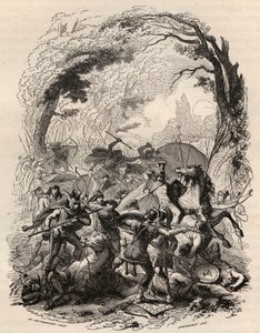 Oorlog van de Galliërs: Slag bij Aduatuca tussen het Belgische volk van de Eburonen en het Romeinse leger. Verslagen Quintus Titurius Sabinus en Lucius Aurunculeius Cotta in 54 v.Chr. Gravure uit 1868 in 