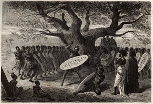 Krijgsoefeningen van de Landines of caffres-zulus, een Sena (Zambese riviergebied, Mozambique). Gravure ter illustratie van Dr. Livingstone
