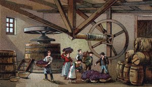 Wijnproductie: wijnpers van het hospice van Beaune (clos vougeot) door Unknown artist