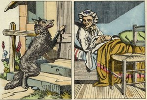De wolf klopt op de deur van grootmoeder. Illustratie van het sprookje 
