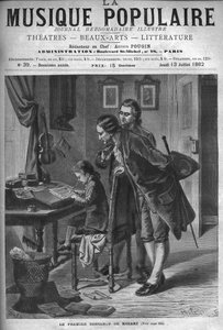 Wolfgang Amadeus Mozart schrijft een concert voor klavecimbel in aanwezigheid van zijn vader Leopold en Andreas Schachtner in 1762 - gravure in 