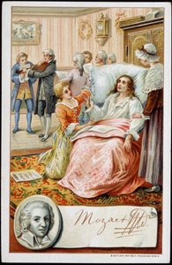 Wolfgang Amadeus Mozart (1756-1791) in de laatste dagen van zijn leven. Chromolithografie van de 19e eeuw door Unknown artist