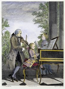 Wolfgang Amadeus Mozart kind aan de piano omringd door zijn vader Leopold op viool en zijn zus Marianne aan het zingen - gravure door Unknown artist