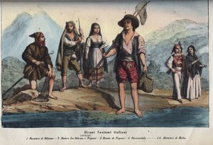 Vrouwen en mannen in traditionele Siciliaanse kostuums - Gravure uit 