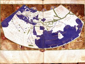 Wereldkaart van Claudius Ptolemaeus (Claude Ptolemee, 90-168 na Chr.), Griekse astronoom en astroloog - Voorstelling van de platte aarde zonder de Noord- en Zuidpool en zonder de Amerikaanse continenten - 15e eeuw Manuscript - Venetië, Biblioteca Marciana door Unknown artist