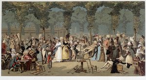 Wereldwandeling door de tuinen van het Koninklijk Paleis, eind 18e eeuw - chromo naar de gravure van Debucourt