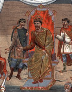 (detail): Karel II de Kale, koning van Frankrijk ontvangt een delegatie van monniken uit Tours. Facsimile in chromolithografie van de 19e eeuw naar een miniatuur uit de 10e eeuw bewaard in de B.N. van Parijs. door Unknown artist