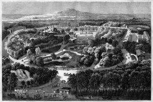 Algemeen overzicht van de tuin van acclimatisatie in het Bois de Boulogne aangeboden en ingehuldigd door Napoleon III in 1860, met natuur, weelderige flora en exotische dieren, in l