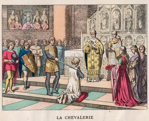 Ridderslag - La Chivalerie - Verzachting van een ridder - Gravure eind 19e eeuw in 