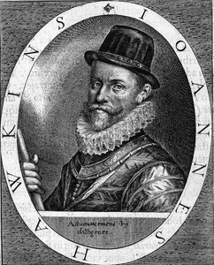 Portret van Sir John Hawkins (Hawkyns) Engelse admiraal (1532-1595), bekend als de eerste die in zwarte handel dreef, hij maakte verschillende reizen, gefinancierd door Londense kooplieden, tussen Afrika en Amerika. Gravure uit 1620