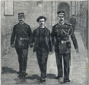 De Italiaanse anarchist Luigi Luccheni (Lucheni), moordenaar van keizerin Elizabeth van Oostenrijk (Sissi), voor het gerecht gebracht in 1898. door Unknown artist