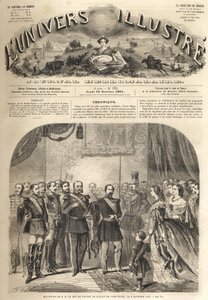 Het bezoek van Willem, de koning van Pruisen, aan Napoleon III, de keizer van de Fransen, in Compiègne, Frankrijk 1861 - Bezoek van Willem I van Pruisen (1797-1888) aan Compiègne in aanwezigheid van Napoleon III - Gravure uit 