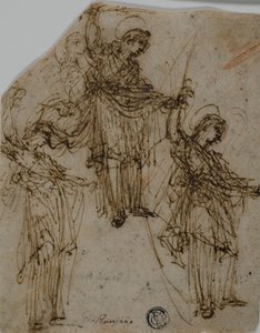 Schetsen van een staande heilige die een zwaard vasthoudt (recto); Schetsen van figuren en hoofden (verso)