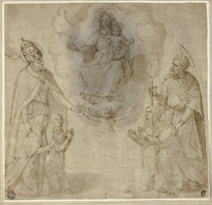 Maagd en kind voor de heiligen Fabianus (of Gregorius de Grote) en Jozef door Unknown Sienese