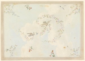 Tekening, plafondontwerp met duiven en bloemenkransen, mogelijk voor de entreehal, 1815-22 door Unknown artistUnknown artist