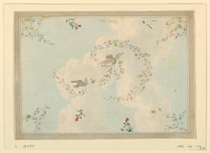 Tekening, plafondontwerp met duiven en bloemenkransen, mogelijk voor de entreehal, 1815-22