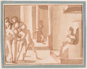 Tekening, Christus voor Caiphas, 1550-1600 door Unknown artistUnknown artist