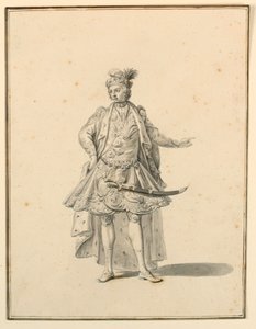 Tekening, Kostuumontwerp: Perzische prins, voor een toneelproductie ontworpen door Giuseppe Galli Bibiena, 1719 door Unknown artistUnknown artist