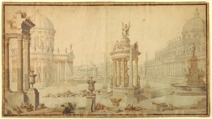 Tekening, Toneelontwerp: Architecturale fantasie, begin 18e eeuw door Unknown artistUnknown artist