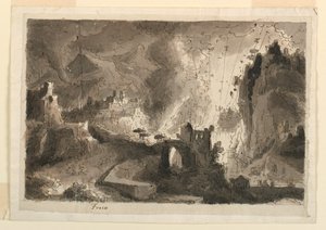Tekening, Toneelontwerp, Stadsverbranding, ca. 1810-20