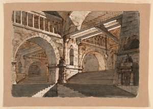 Tekening, Toneelontwerp, Ondergrondse trappen en galerijen van een versterkt paleis, ca. 1800