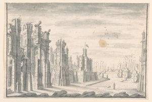 Tekening, Toneelontwerp, Gezicht op stad en haven, begin 18e eeuw door Unknown artistUnknown artist
