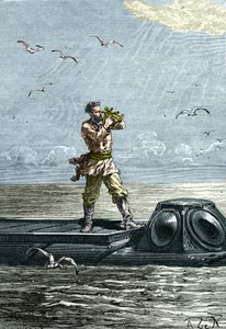 20.000 mijlen onder zee. Kapitein Nemo op de onderzeeër "Nautilus". Illustratie uit de roman van Jules Verne "Twintigduizend mijlen onder de zee"