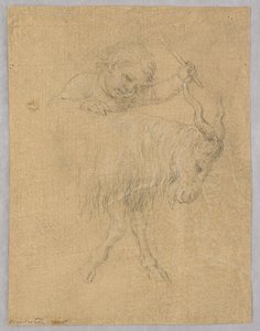 Een jongen die een geit bestuurt door Unknown artist