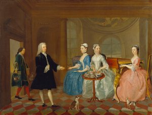 Een familie die thee geserveerd krijgt, mogelijk de familie Carter door Unknown artist