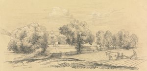 Een Boerderij met Boer en Zijn Paard en Ploeg op de Voorgrond