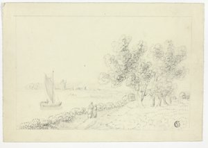 Een haven met een zeilboot door Unknown artist