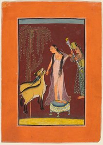 Een dame met bediende en een paar herten: Waarschijnlijk Gujari Ragini van Dipak, uit een Pahari Ragamala door Unknown artist