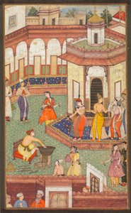 Een man dompelt zijn hand in een ketel terwijl dames van het harem in verbazing staan: Een pagina uit een manuscript van religieuze geschiedenis door Unknown artist