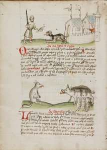 Een man met een zwaard en een hond met een bot; een wolf en een varken door Unknown artist