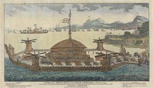 Een uitzicht op het Franse vlot, zoals gezien drijvend bij St. Maloes, in februari 1798. De machine is 600 voet lang en 300 breed, monteert 500 kanonnen, 36 & 48-ponders, en is bedoeld om 15.000 troepen te vervoeren voor de invasie van Engeland. door Unknown artist