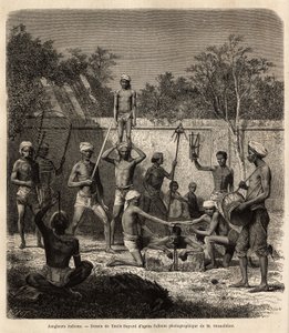 Een groep Indiase goochelaars. Gravure ter illustratie van de reis in de zuidelijke provincies van India, door Alfred Grandidier, in 1862-1864, gepubliceerd in 