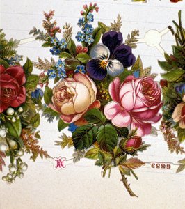 Een gemengd boeket met rozen, viooltjes. Chromolithografie uit de 19e eeuw.