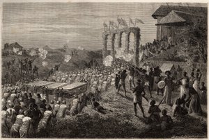 Een bruidsstoet in Tete (Mozambique). Gravure om de eerste reizen van Dr. Livingstone naar Zuidelijk Afrika van 1840 tot 1856 te illustreren, in 