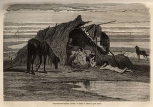 Een kamp van nomadische zigeuners in de vlakten van Noord-Bosnië. Gravure ter illustratie van de reisherinneringen onder de zuidelijke Slaven, door Georges Perrot, in 1868, gepubliceerd in 