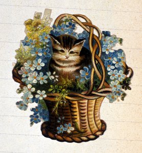 Een kat in een mand met bloemen. Chromolithografie uit de 19e eeuw.