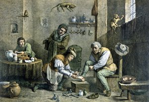 Een plattelandsdokter die een van zijn patiënten verzorgt. door Unknown artist