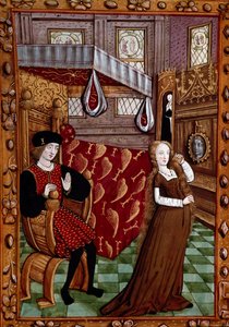 Een koppel in een slaapkamer, de vrouw kleedt zich aan door Unknown artist
