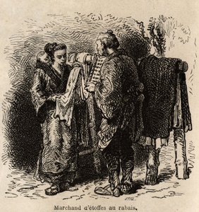 Een korting stoffenhandelaar maakt het artikel aan een jonge vrouw die haar peuter op haar rug draagt. Gravure ter illustratie van de reis naar Japan, door Aime Humbert, minister van de Zwitserse Confederatie, in 1863-1864, gepubliceerd in 