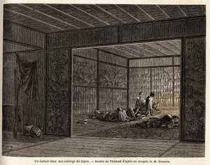 Een slaapzaal in een herberg in Japan. Gravure ter illustratie van de reis naar Japan in 1863-1864, door Aime Humbert, minister van de Zwitserse Confederatie, in 