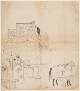 Een tekening van een versierde olifant en paarden