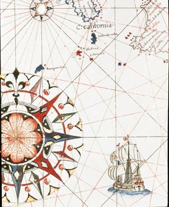 Een galei die voor de kust van Californië vaart (detail van de portulan van Castellini) door Unknown artist
