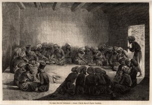 Een maaltijd bij de Turkmenen (Irak). Tekening door Emile Bayard, ter illustratie van de reis naar Centraal-Azië, in 1863, door Arminius Vambery (Hongaarse wetenschapper vermomd als derwisj). Gravure in 