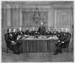 Een vergadering van de Raad van Ministers in Versailles. Van links naar rechts: Louis Buffet (1818-1898), Minister van Binnenlandse Zaken; Leon Say (1826-1896), Minister van Financiën; Henri Wallon (1812-1904), Minister van Openbaar Onderwijs, Eredienst en door Unknown artist