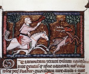 Een edelman die een hert jaagt. 15e-eeuws manuscript
